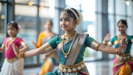 Indian student learning traditional dance forms in a cultural education class, promoting heritage...