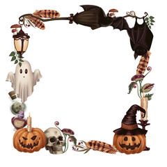 Halloween square wreath with cute ghost and other scary characters in cartoon style. Hand drawn dark mystical frame. Isolated drawing perfect for autumn graphic and spooky season card designs.