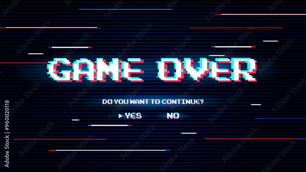 Poster game over background, glitch pixels device screen.pixel game over, 8-bit pixel game over.