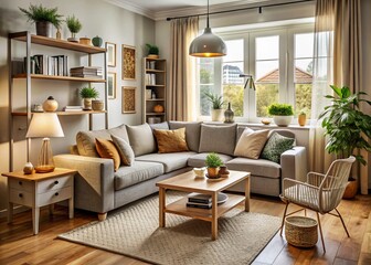 A small living room is transformed into a cozy retreat with plush furniture and ingenious space-saving solutions to