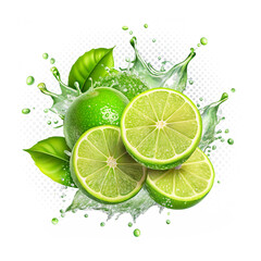 Lime transparent background limes with splash isolated on alpha layer