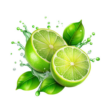 Lime transparent background limes with splash isolated on alpha layer