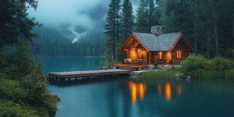 Fototapeta premium Illuminated Cabin by a Lake in a Misty Forest