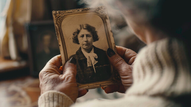 Medium close-up of a person holding an old family photo, looking at it with deep emotion, representing the significance of memories.