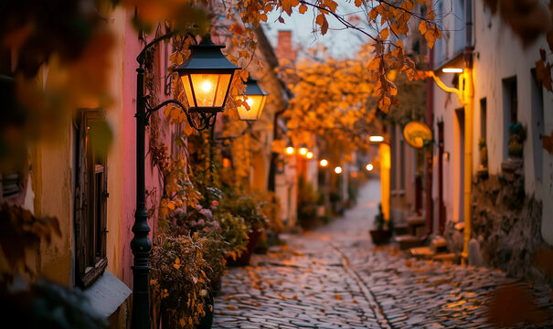 dreamy quiet village street with lanterns and autumn trees. - Powered by Adobe