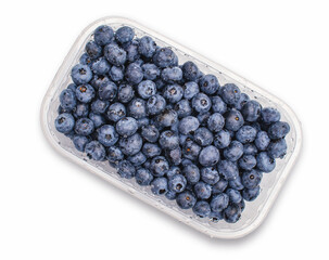 Top view transparent box with fresh blueberries isolated on white. Antioxidants, vitamins, health.