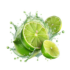Lime transparent background limes with splash isolated on alpha layer