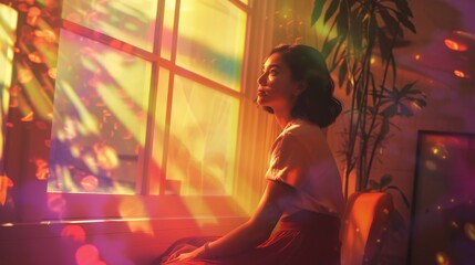A young woman sits by a window, bathed in vibrant, multicolored light reflections. She gazes thoughtfully outside, creating a serene and contemplative atmosphere. The indoor setting is enhanced by