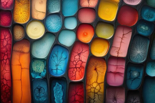 vibrant microscope slides arranged in a colorful pattern magnified cellular structures create an abstract scientific artwork blending biology and aesthetics