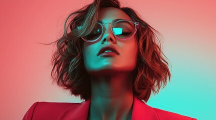 A curly-haired individual dressed in a dynamic red outfit poses against a vibrant backdrop, reflecting confidence, artistic expression, and bold fashion choices.