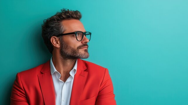 A pensive man with a stylish beard and glasses, wearing a red blazer, gazing thoughtfully to the side against a turquoise background, capturing a reflective moment.