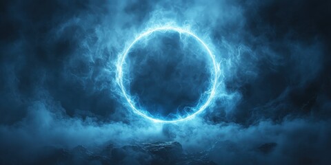 Neon Ring in Stormy Clouds Futuristic Night Sky