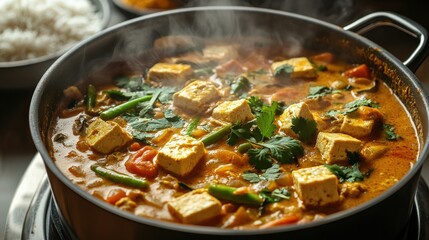 A steaming pot of vegan coconut curry features vibrant vegetables and tofu, offering a flavorful and healthy dish perfect for various dietary needs, served alongside rice