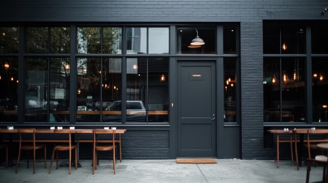 A modern restaurant exterior with a black facade and large windows, featuring wooden tables and chairs outside on a sidewalk with warm lighting glowing inside.