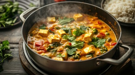 This dish features a vibrant vegan coconut curry packed with tofu, fresh vegetables, and aromatic herbs. It’s served warm alongside fluffy rice, perfect for a wholesome meal