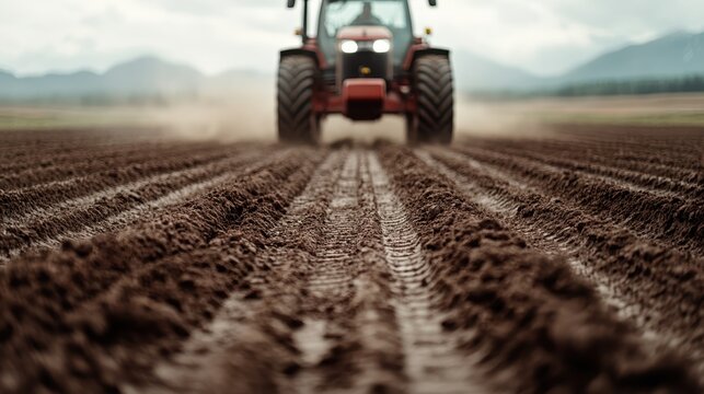 A frontal view of a red tractor driving over a soil-covered field, emphasizing the fresh tracks created by the tires and the agricultural machinery's presence in the landscape.