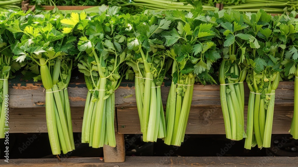 Wall mural a bunch of celery is displayed on a wooden table