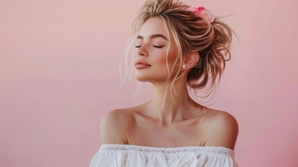 Stunning Light Colored Background with Beautiful Woman: A Graceful and Alluring Vision. Showcasing Elegance and Charm.