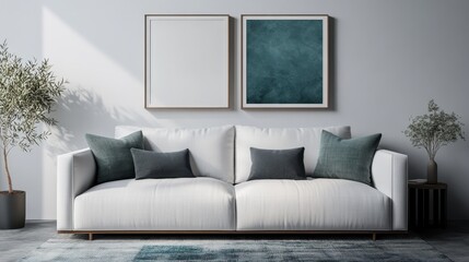 A modern white couch is placed in front of a wall with two framed pictures, creating a stylish and comfortable seating area with a blend of minimalist aesthetics.