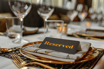 An elegant 'Reserved' sign on a table in a sophisticated restaurant with a chic table setting. A stylish 'Reserved' sign decorates a pristine table, hinting at an unforgettable culinary journey.