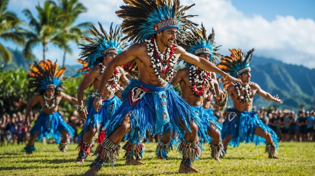 Men are dancing in a field with mountains in the background