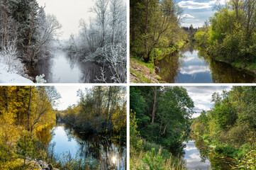 Beautiful collage of 4 seasons year round, different pictures but same place of an river in...