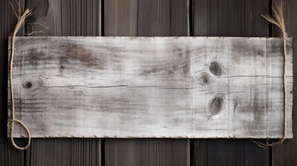Weathered wooden signboard hanging on a rustic wooden wall in natural light