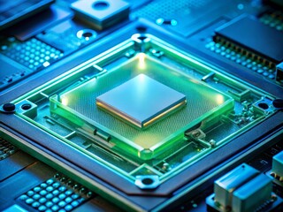 A cutaway view of a thermal interface material inside an electronic device, illuminated by a soft, blue-green light to create a sense of futuristic technology