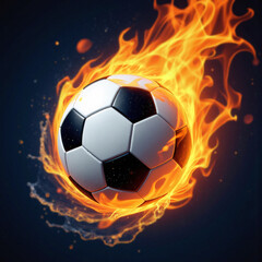 Soccer ball in fire, smoke and water on a dark background, illustration of sports energy.