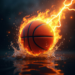 Basketball ball in fire, smoke and water on a dark background, illustration of sports energy.