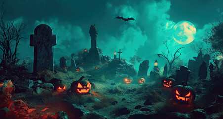 Obraz premium Mysterious Halloween Pumpkins in a Foggy Graveyard Under the Full Moon