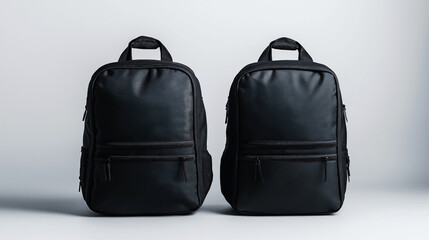 Image of two identical black backpacks placed side by side against a plain background. Each backpack features multiple zippered compartments and a sturdy handle at the top.