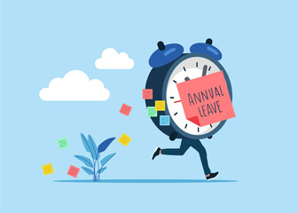 Funny running clock instead of body. Annual leave or day off to rest from hard work, schedule reminder of annual leave. Flat modern vector illustration.