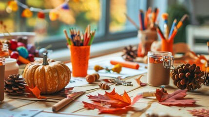 Autumn Craft Table with Pumpkin and Art Supplies