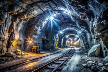 Naklejka premium graphite mine's underground tunnels, with the rocky walls and ceilings lit by flickering fluorescent lights