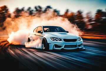 Obraz premium A high-speed race car drifting around a tight corner on a racetrack - smoke billowing from the tires.