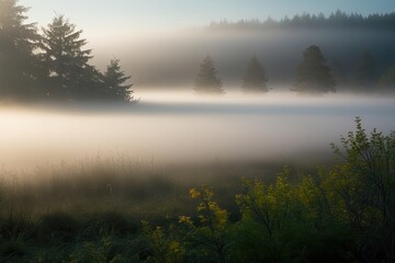 Fototapeta premium Ethereal Fog Envelops Nature with Radiant Light and Serene Ambiance