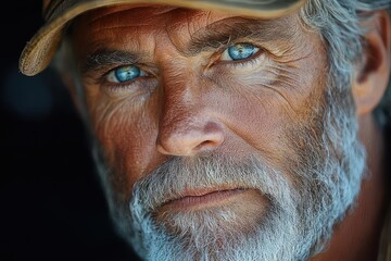 Obraz premium weathered fisherman portrait deep wrinkles etched by sea and sun piercing blue eyes saltandpepper beard worn cap golden hour lighting