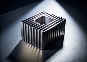 A graphite mold photographed in a modern, minimalist setting, with a bright, overhead light casting a sharp, defined shadow on the background