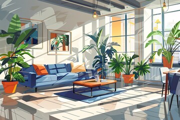 Fototapeta premium Sunlit Living Room with Lush Plants and a Comfortable Couch