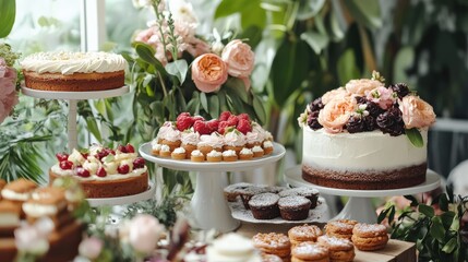 This dessert table invites with an array of beautiful vegan treats including cakes and pastries, all gluten-free and suitable for various dietary needs