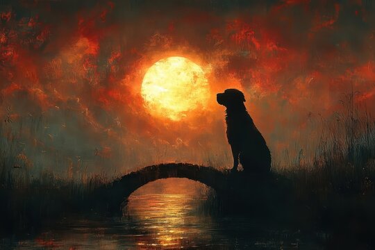 whimsical afterlife scene ethereal rainbow bridge arching over misty meadow silhouette of beloved dog crossing warm sunset hues spiritual symbolism bittersweet farewell atmosphere
