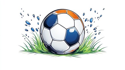 Vibrant illustration of a soccer ball surrounded by grass and water droplets, capturing the essence of outdoor sports and activity.