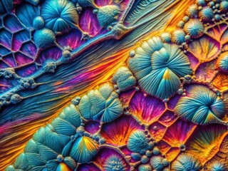 A highly detailed, macroscopic image of a conductive coating's microscopic structure, with vibrant colors and high contrast to reveal its intricate textures and layering.