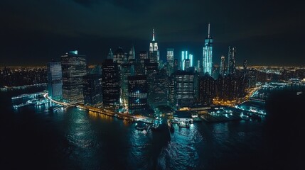 Obraz premium Nighttime Aerial View of New York City Skyline