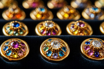 A close-up of a set of gold stud buttons, each featuring a central diamond surrounded by tiny, multicolored gemstones. The buttons are arranged in a neat row on a dark velvet fabric.