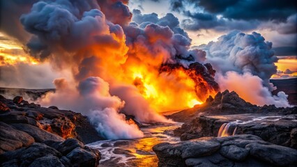 A close-up view of a magma chamber's intense heat and energy, with churning, molten rock and steam clouds illuminated by flashes of bright