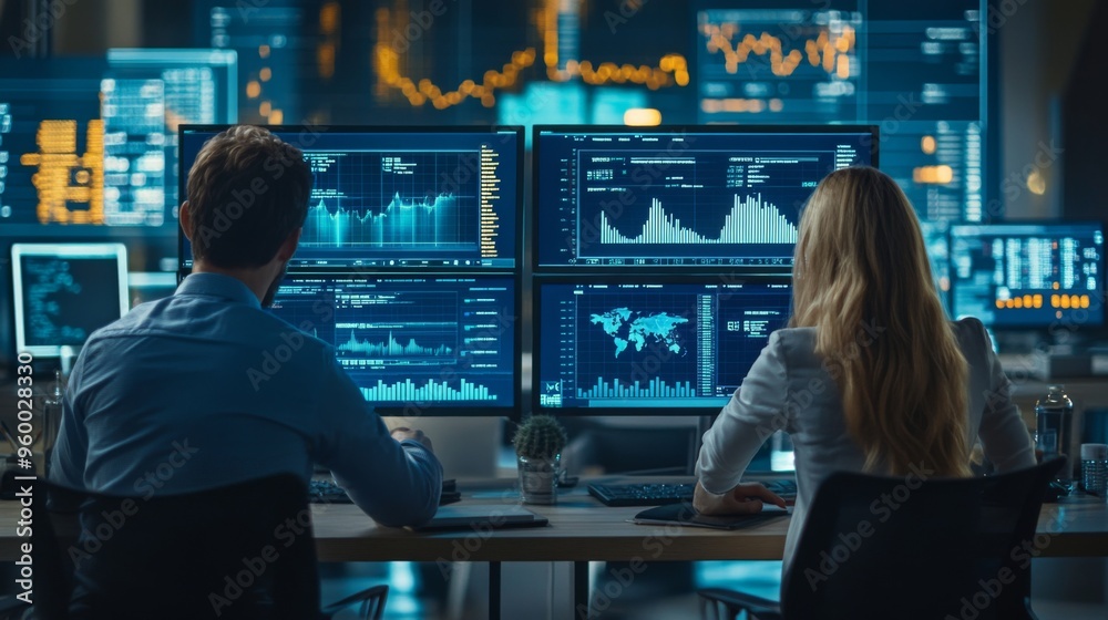 Sticker Stock Traders Analyzing Data on Multiple Monitors