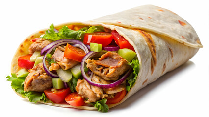 delicious wrap filled with savory meat and fresh, colorful vegetables Juicy meat, vibrant vegetables, and golden-brown wrap make this a mouthwatering Middle Eastern street food.