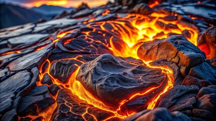 A close-up shot of a volcanic rock, lit from above, revealing its intricate patterns and colors, with a subtle gradient of warm and cool tones to convey the sense of geological processes.